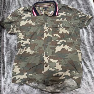 Tommy Hilfiger Green Camouflage Shirt with Black Collar